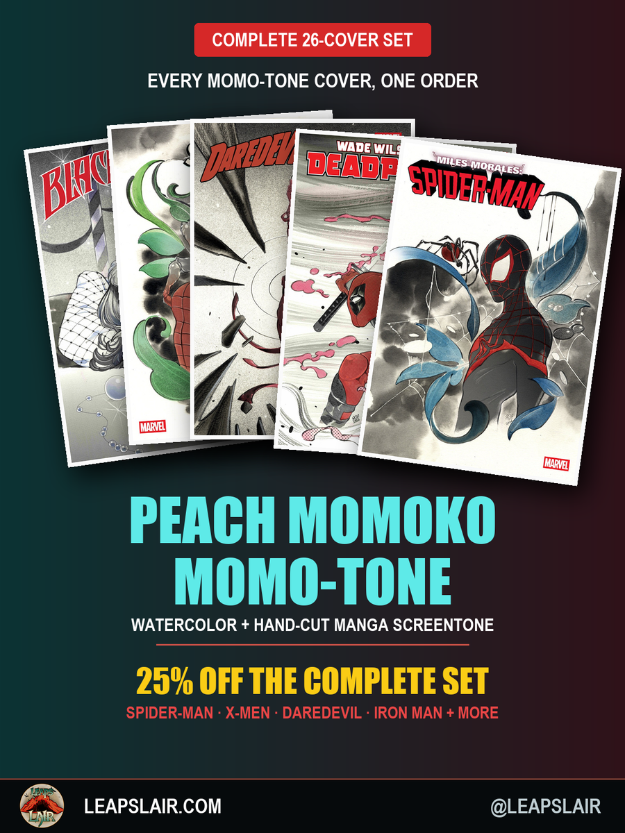 Peach Momoko Momo-Tone complete 26-cover set: every Momo-Tone variant cover across Spider-Man, X-Men, Daredevil, Iron Man, Deadpool and more, 25% off the complete set
