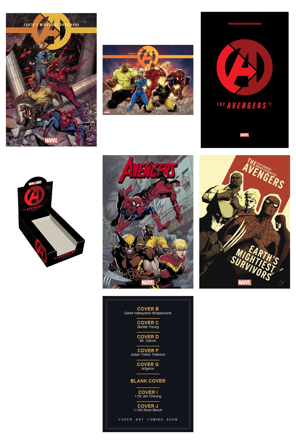 Avengers #1 cover collage — Covers B, C, D, F, G, I & J + Blank Cover art coming soon